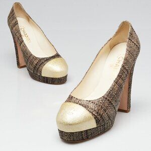 Chanel Brown/Grey Raffia and Patent Leather Cap Toe Platform Pumps Size 10.5/41